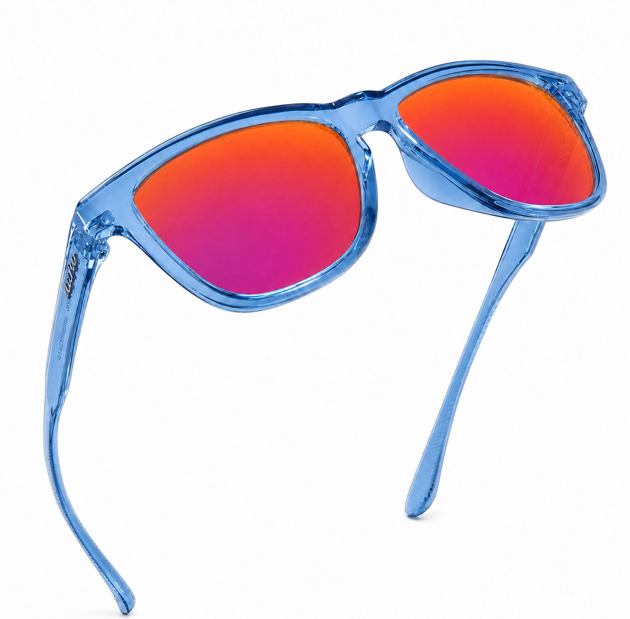 Blue translucent sunglasses with mirrored orange-to-pink lenses, shown on a clean white background.