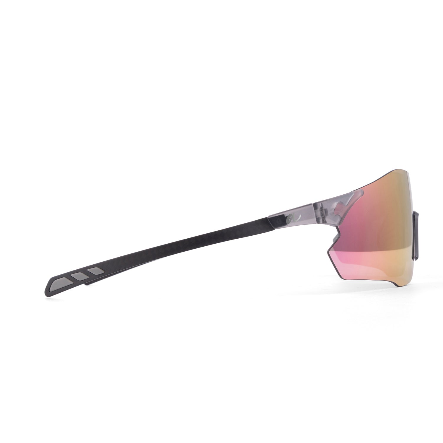 Side profile of sport sunglasses with a black temple arm and a shield-style lens featuring a pink-to-gold mirrored finish, shown on a white background.