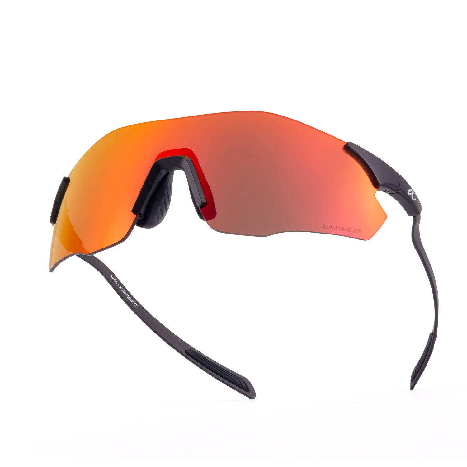 Sport sunglasses with a curved shield lens in an orange-to-red mirrored finish and matte black arms, shown on a plain white background.