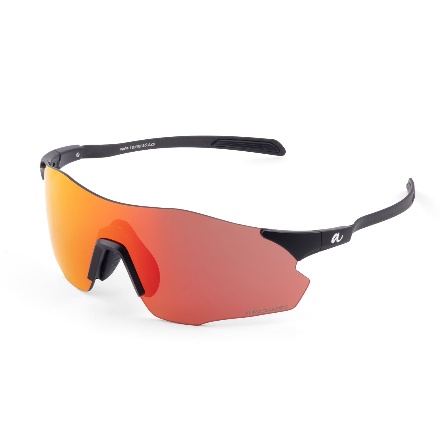 Black Wayfarer-style sunglasses with a large shield lens featuring a red-to-orange mirrored gradient, shown on a clean white background.