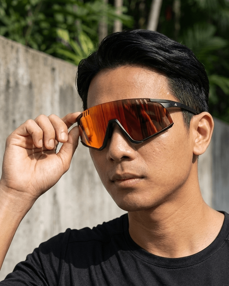 Man wearing red reflective sunglasses with carbon fiber frames