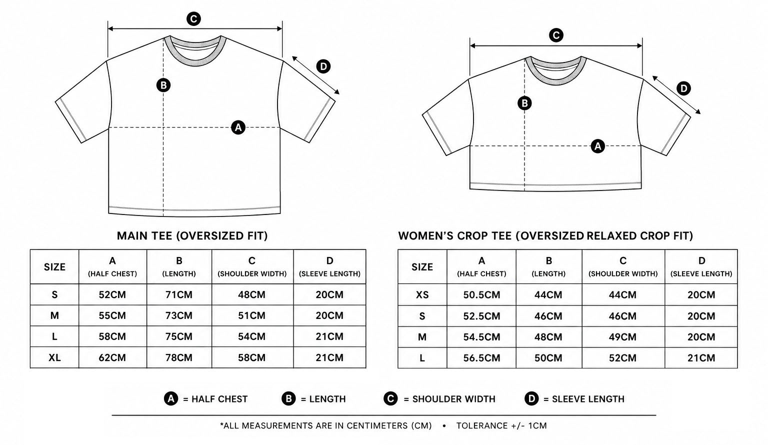 T-shirt size chart comparing oversized fit in S–XL with oversized cropped fit in XS–L and four garment measurements.