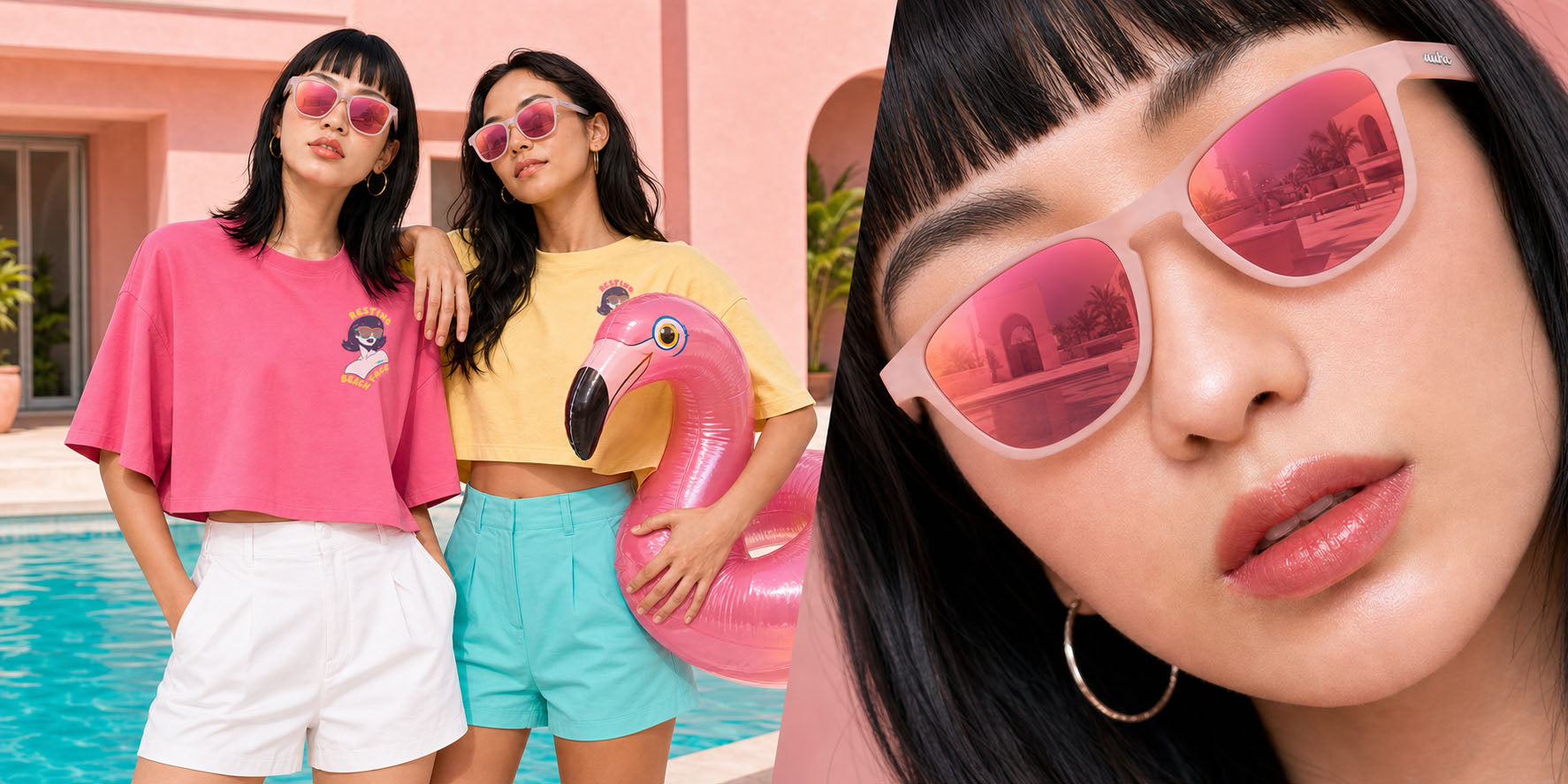 Two women wearing pink-tinted cat-eye sunglasses are posed by a pool, with a large close-up of one woman's face on the right. The women are wearing colorful t-shirts and shorts, and one holds a pink flamingo float.