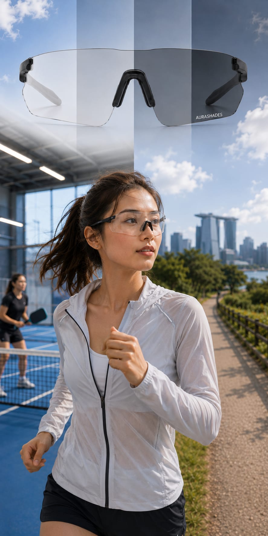 Aura Shades photochromic lens going from clear indoors to dark outdoors