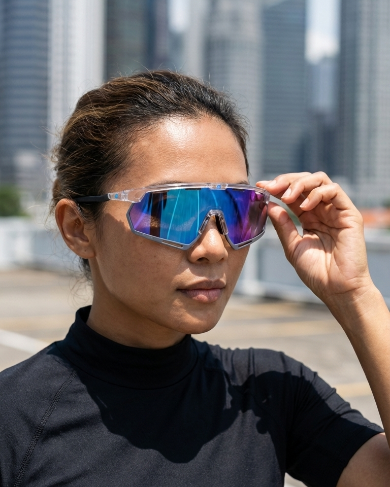 Person wearing reflective sunglasses with a cityscape in the background