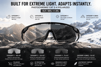Sunglasses with photochromic lens technology on a mountain background