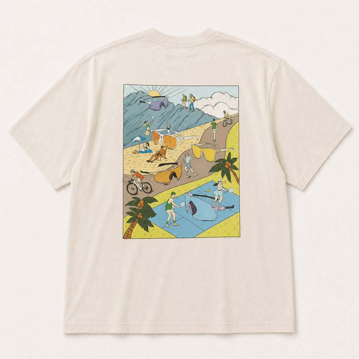 A cream-colored short-sleeve t-shirt with a large, colorful graphic print on the back, featuring a retro-style illustration of surfers, cars, and palm trees.