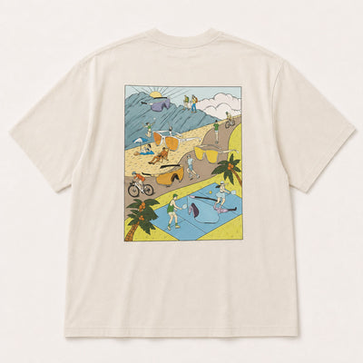 A cream-colored short-sleeve t-shirt with a large, colorful graphic print on the back, featuring a retro-style illustration of surfers, cars, and palm trees.