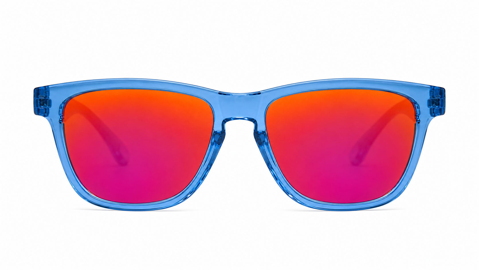 Blue translucent sunglasses with mirrored red-to-pink gradient lenses, shown from the front on a white background.