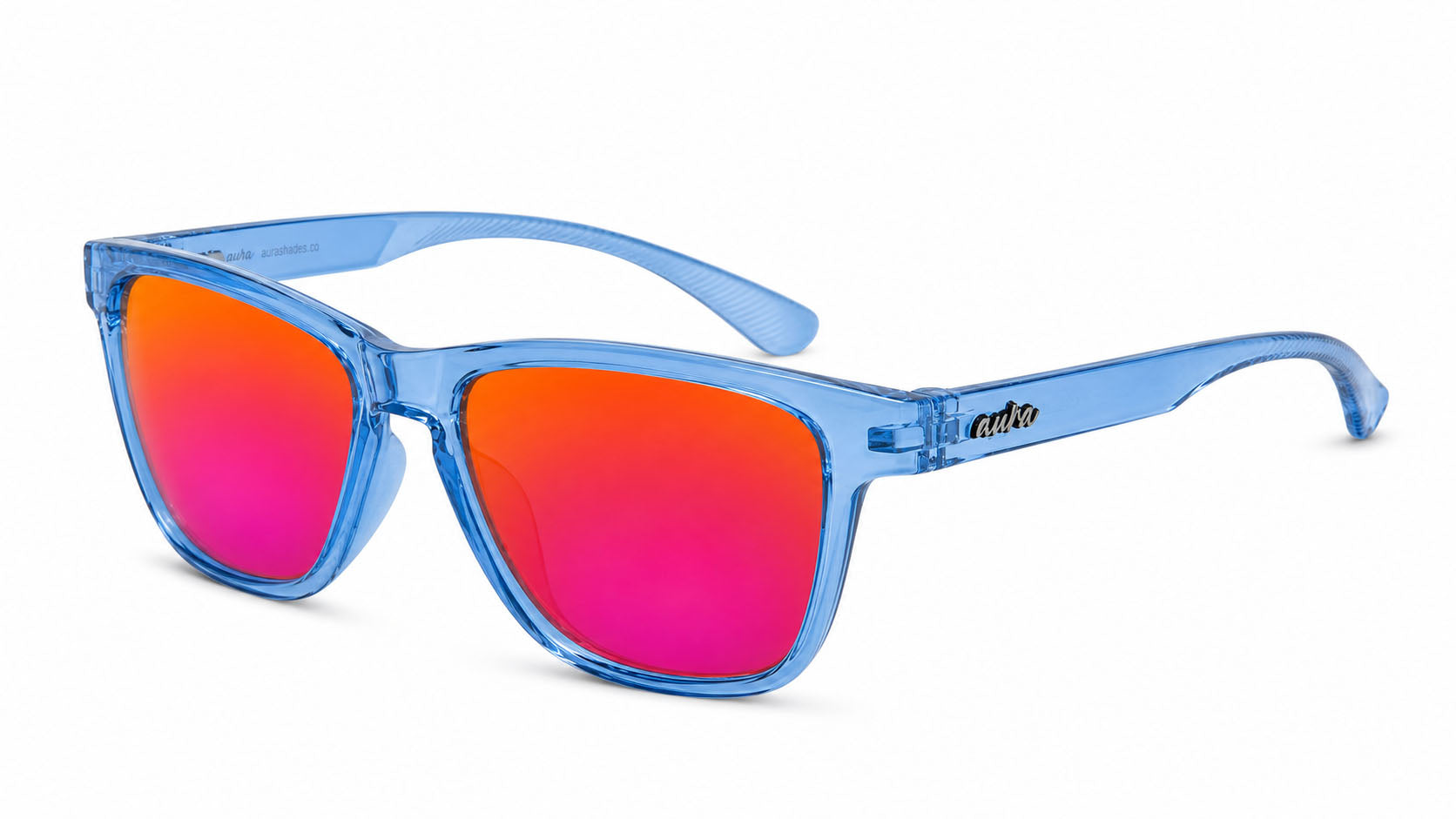 Blue translucent sunglasses with vibrant orange-to-pink mirrored lenses, featuring the 'artco' brand logo on the side temple arm, set against a plain white background.