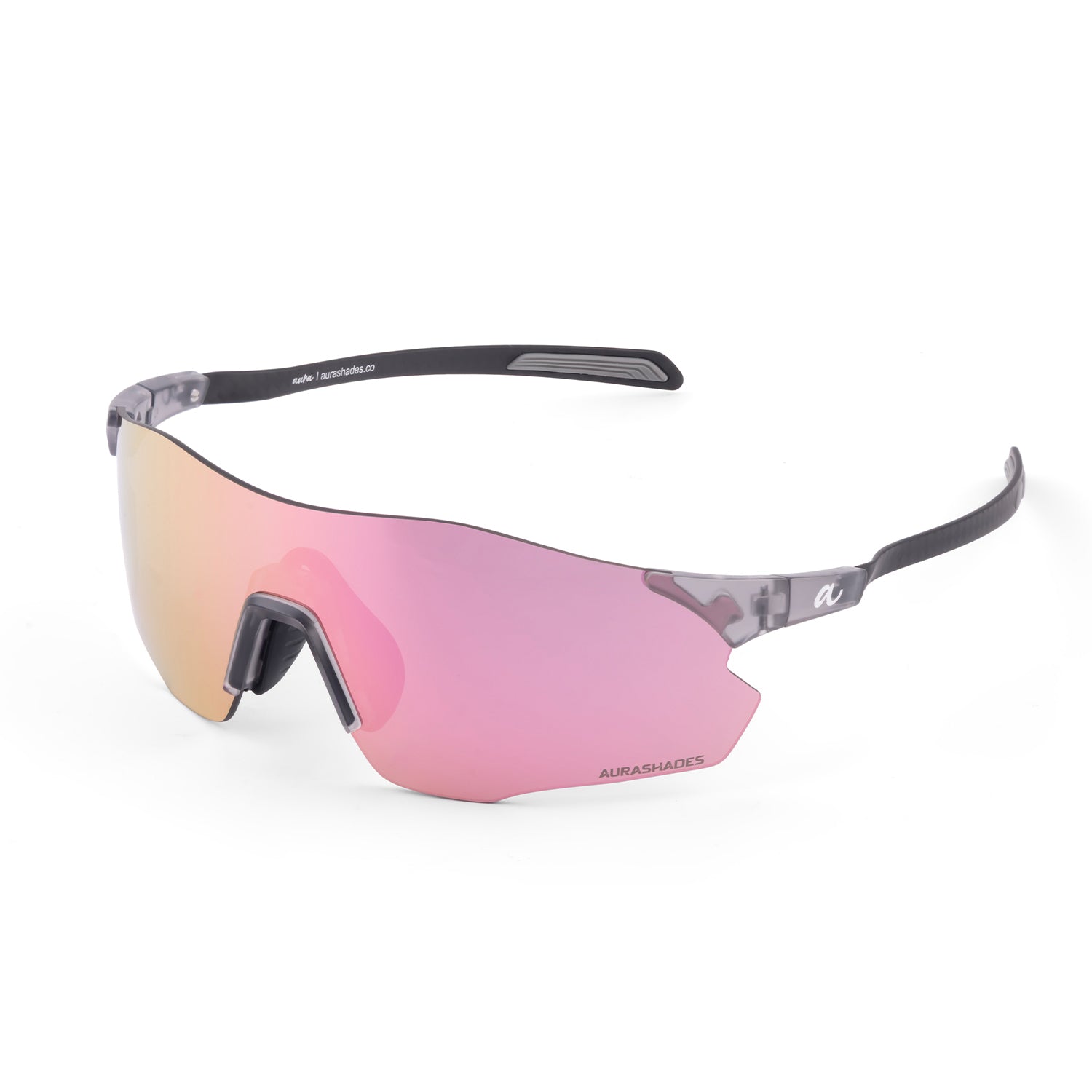 A pair of shield-style sunglasses with a pink mirrored lens and a dark gray frame, shown on a clean white background.