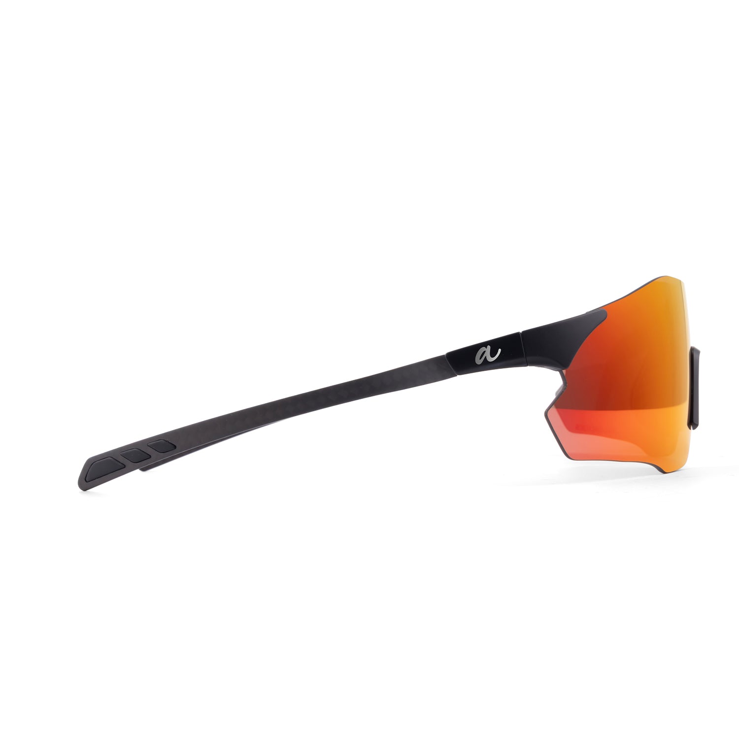 A pair of sport sunglasses with a matte black frame and a vibrant orange-to-red gradient lens, shown from a side profile on a white background.
