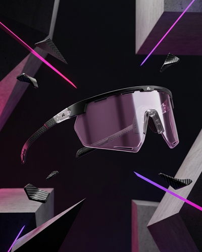 sunglasses with reflective lenses on a dark background with geometric shapes and purple lighting.