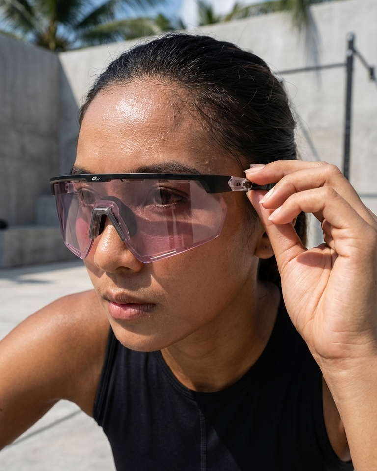 Person wearing large pink sunglasses outdoors with palm trees in the background