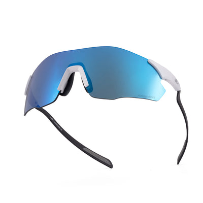 Sport sunglasses with a curved shield lens featuring a blue-to-light-blue mirrored finish, white temple tips, and black arms, shown on a plain white background.
