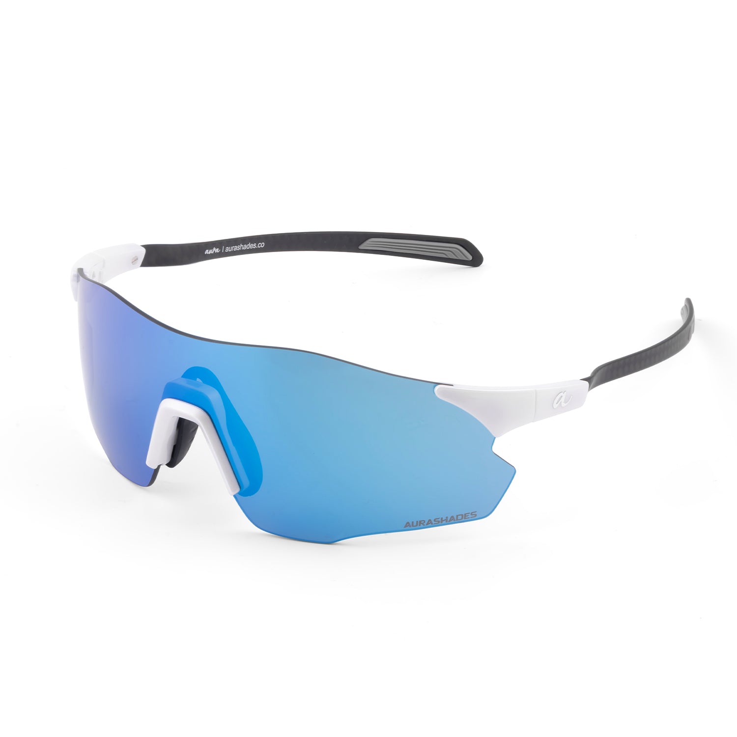 Sport sunglasses with a blue mirrored shield lens and white and black frames, shown on a clean white background.