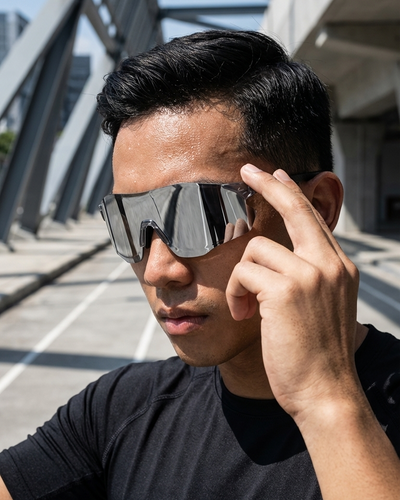 Person wearing reflective polarised sunglasses outdoors on a city street