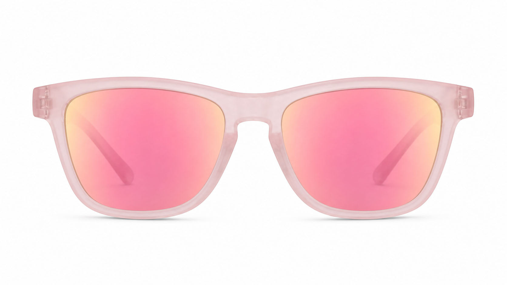 A pair of square-frame sunglasses with a translucent light pink frame and mirrored pink lenses that reflect a warm gold/orange hue, shown against a plain white background.
