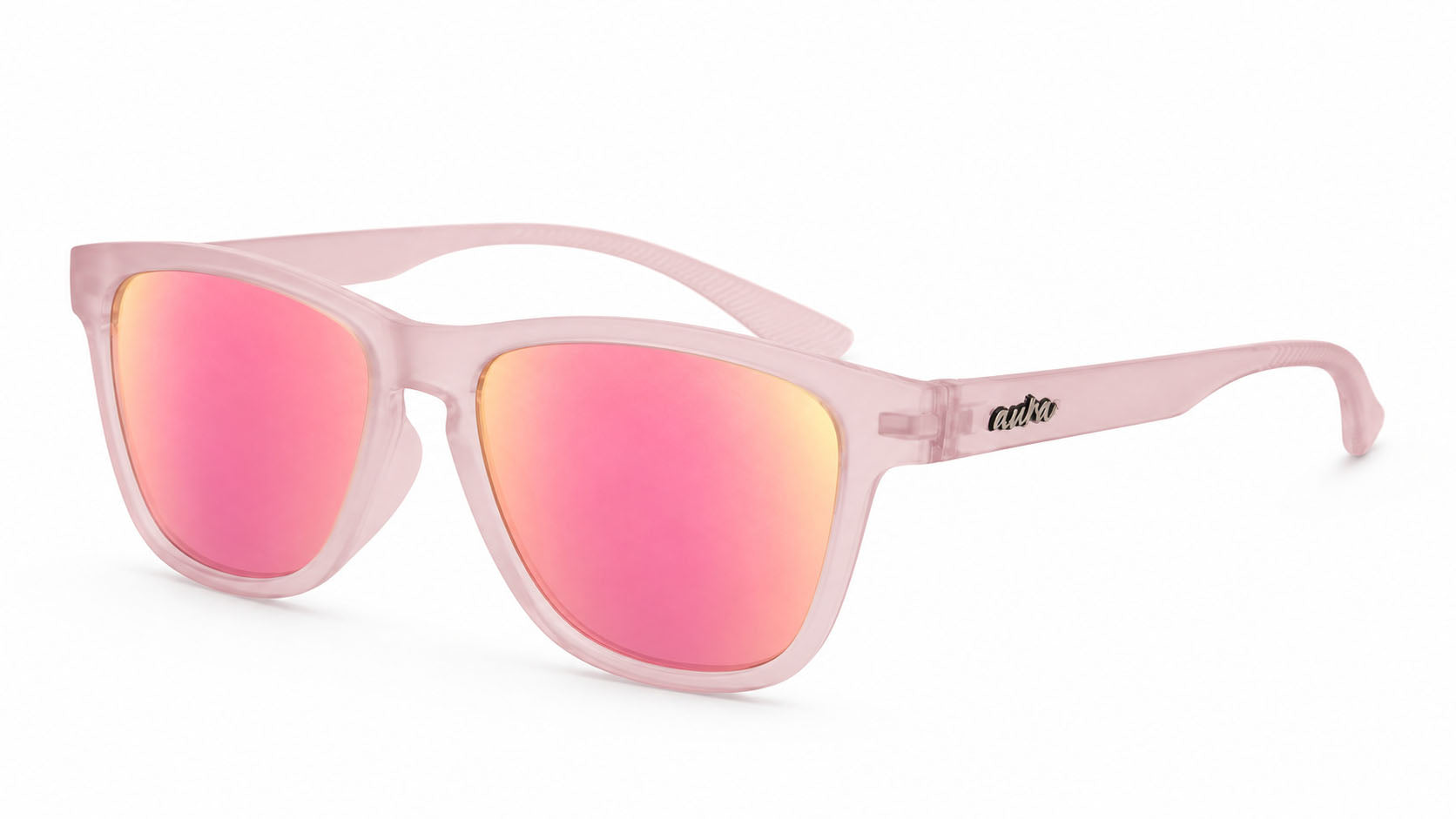 Pink translucent sunglasses with pink mirrored lenses, featuring a classic wayfarer-style frame and the brand name 'etco' on the temple arm, set against a plain white background.