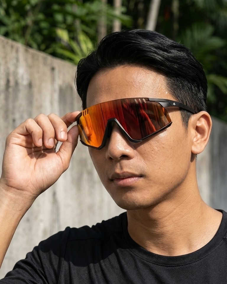 Man wearing red reflective sunglasses with carbon fiber frames