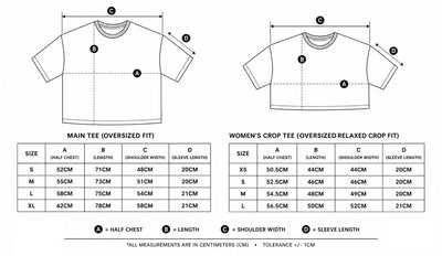 T-shirt size chart comparing oversized fit in S–XL with oversized cropped fit in XS–L and four garment measurements.